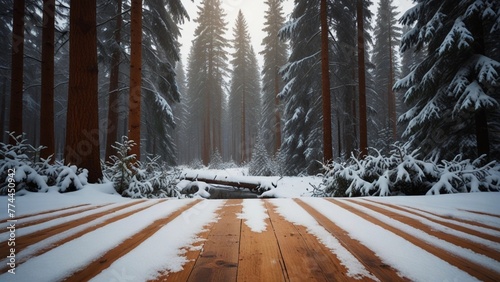 Winter christmas scenic landscape with copy space. Wooden flooring strewn with snow in forest with fir-trees covered with snow on nature. 