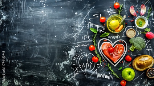 Heart-shaped healthy foods with a heart rate drawing on a chalkboard, showing a health idea. photo