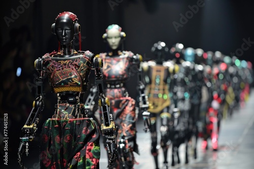 Mannequin robots adorned in patterned garments on display in a fashion lineup