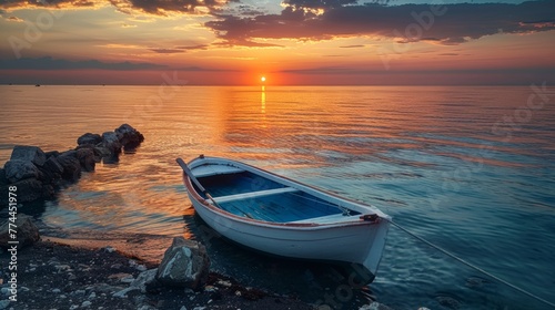 A small boat is tied to a rock at the shore, AI © starush