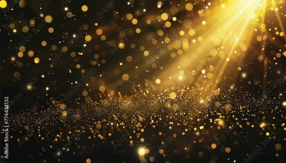 Obraz premium Abstract luxury swirling gold background with gold particle. Christmas Golden light shine particles bokeh on dark background. Gold foil texture.