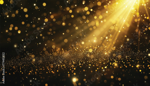 Abstract luxury swirling gold background with gold particle. Christmas Golden light shine particles bokeh on dark background. Gold foil texture.
