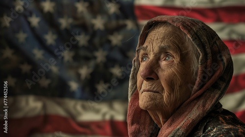 Image of an elderly woman, standing against the backdrop of the iconic American flag.