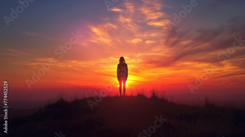 Silhouette of a person stands against the backdrop of a stunning sunset.