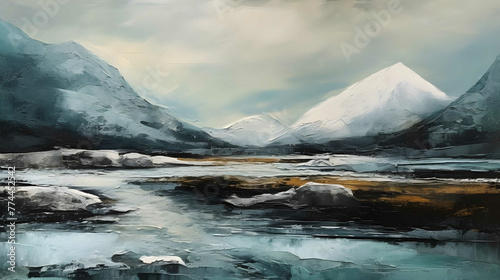 Nordic landscape in shades of grey, aqua, white, and antracite texture