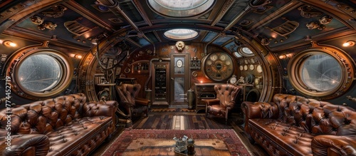 Opulent Steampunk Dressing Room in a Victorian-Inspired Airship with Brass Fittings and Leather Armchairs