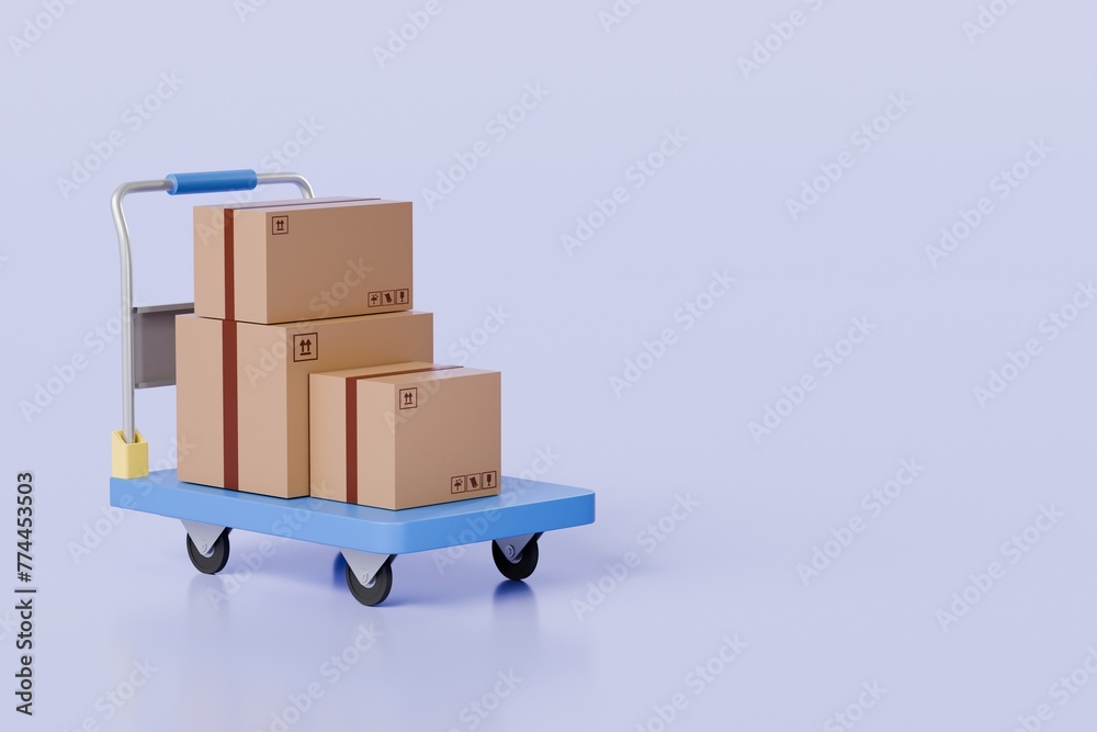 3d Blue Hand truck with cardboard boxes icon isolated on purple background. Transport trolley. Cargo logistic delivery online service concept. 3d rendering illustration. 3d Blue Hand truck with cardboard boxes icon isolated on purple background. Transport trolley. Cargo logistic delivery online service concept. 3d rendering illustration.