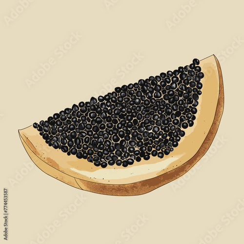 Artistic papaya slice with textured seeds.
