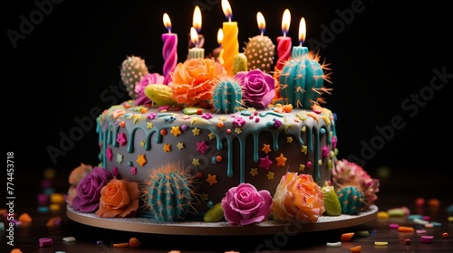 Cinco de Mayo-themed cake decorated with fondant cacti, sombreros, maracas, and colorful frosting resembling fireworks.