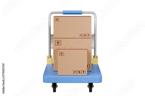 3d Blue Hand truck with cardboard boxes icon isolated on purple background. Transport trolley. Cargo logistic delivery online service concept. 3d rendering illustration.