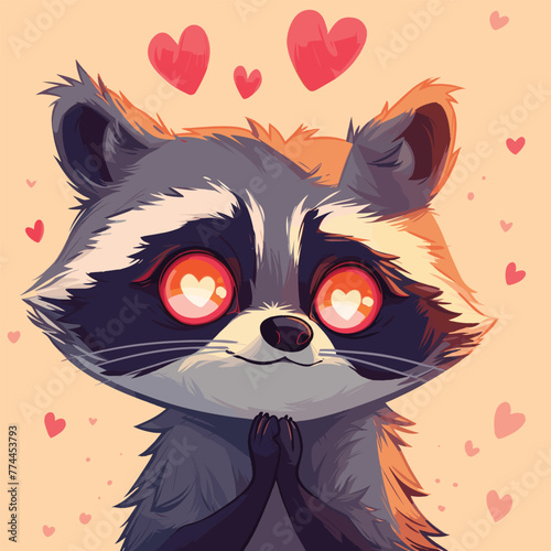 Cute raccoon with heart eyes, whimsical style.
