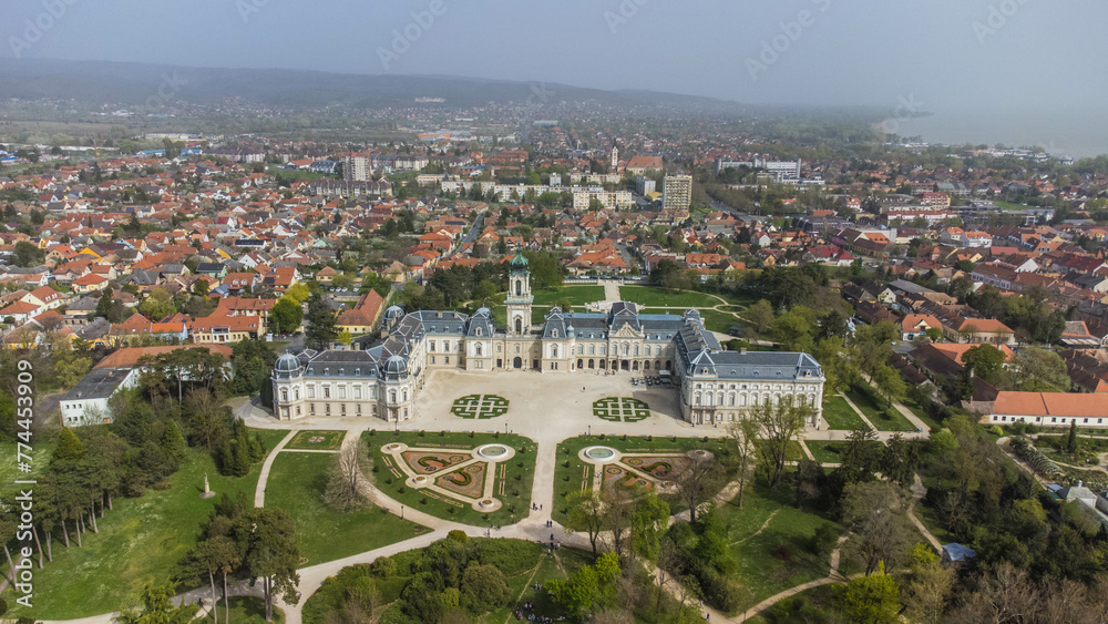 The Keszthelyi Festetics-kastély, or Festetics Palace of Keszthely, is a magnificent Baroque palace located in Keszthely, Hungary, on the shores of Lake Balaton captured from a drone