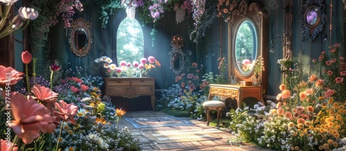 Whimsical Dressing Room in a Fairy Garden with Oversized Flowers and Enchanted Mirrors