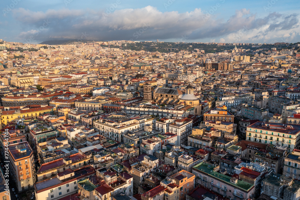 Aerial View of the Cityscape and Historic Buildings in Naples Italy