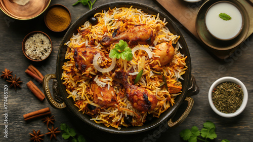 top down view of A traditional Indian biryani dish with chicken, rice and vegetables in a pot. 