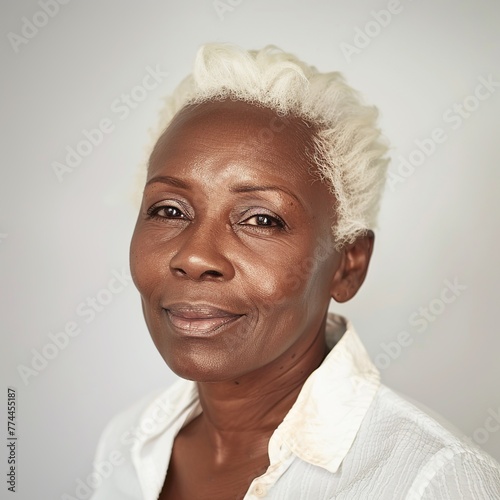 This skincare portrait radiates happiness, featuring a beaming African model aged 60, her blond hair set against a soft gradient backdrop