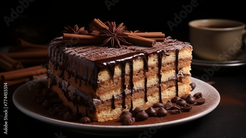 Italian-inspired cake with a tiramisu-like coffee and cocoa flavor, dusted with cocoa powder and decorated with ladyfingers.