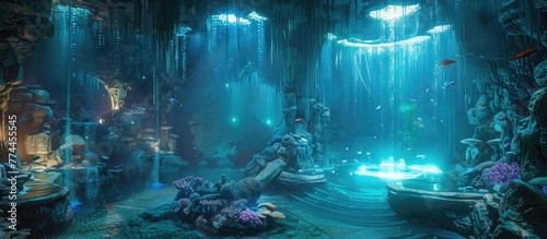 Futuristic Subaquatic Dressing Room in Bioluminescent Underwater City with Mystical Coral Decor