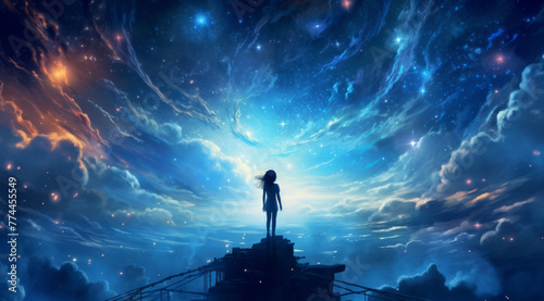 Whimsical girl mesmerized by vast night sky in captivating