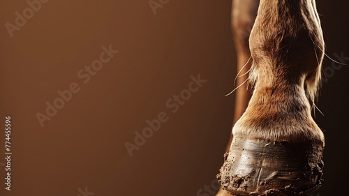 Close-up of a muddy horse hoof on brown background photo