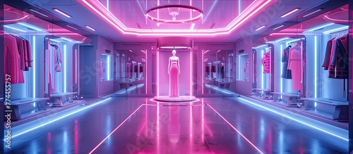 Futuristic Dressing Room in a Virtual Reality Arcade with Holographic Fashion Displays and Interactive Styling Games