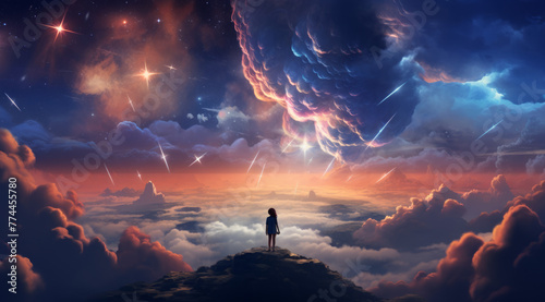 Mesmerizing girl stands amidst celestial clouds in breathtaking photo