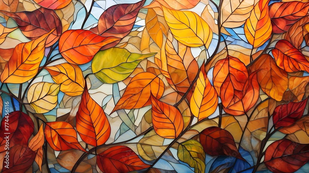 Autumn Leaves Stained Glass Artistic Colorful Nature Design