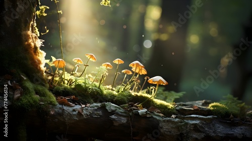 Enchanted Forest Mushrooms Sunlight Mossy Decay Nature