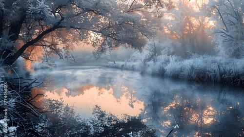 Winter Sunrise Frosty Trees River Reflection Misty Morning