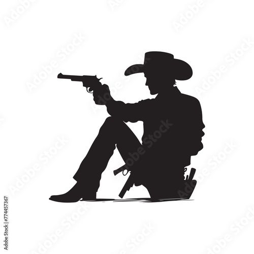 Cowboy holding gun. Black vector silhouette logo illustration design white background sitting