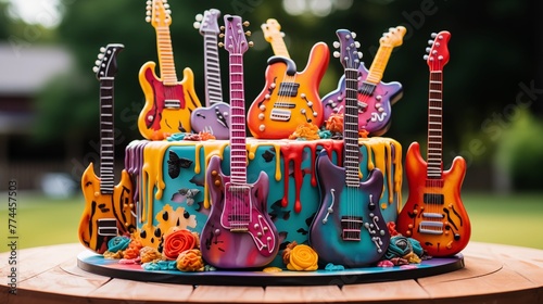 Music festival-themed cake with fondant guitars, microphones, and colorful frosting splatters.