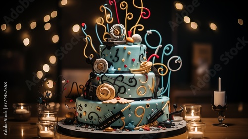 Music-themed cake decorated with musical notes and instruments, featuring the birthday age as the year of a favorite album release. photo