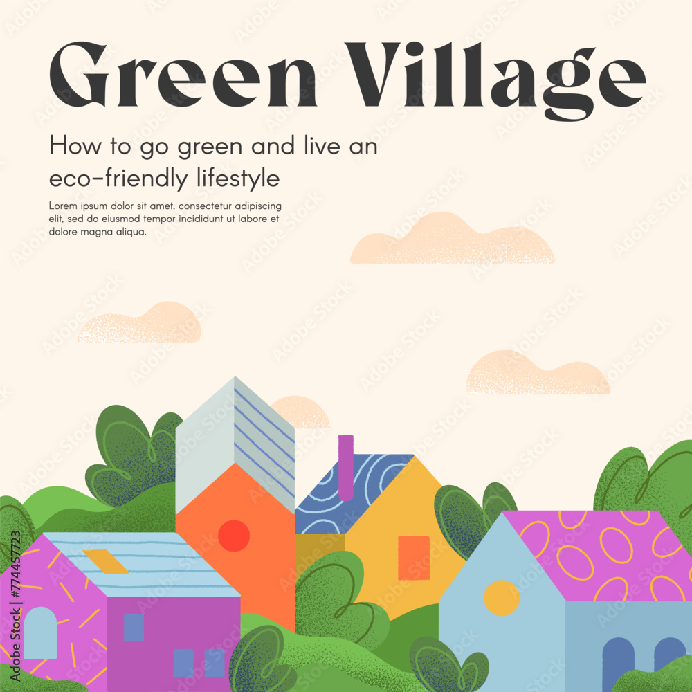 Green eco village brochure concept with houses,hills and trees.Web page design template with countryside in the spring or summer.Vector layouts for real estate website,prints,flyers,banners Green eco village brochure concept with houses,hills and trees.Web page design template with countryside in the spring or summer.Vector layouts for real estate website,prints,flyers,banners