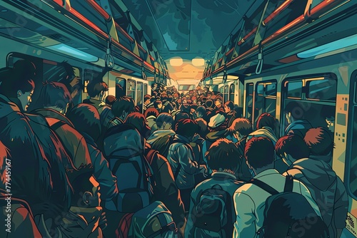A group of people packed closely together, riding on a subway train during peak hours. Generative AI