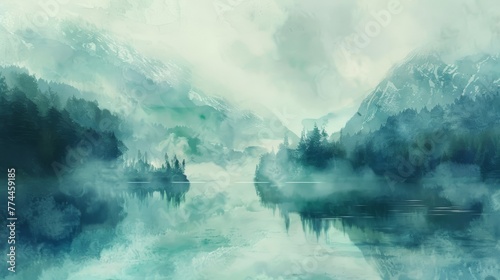 A serene watercolor landscape texture, blending the tranquil beauty of Lakeland with soft, dreamy hues created with Generative AI Technology © Sentoriak