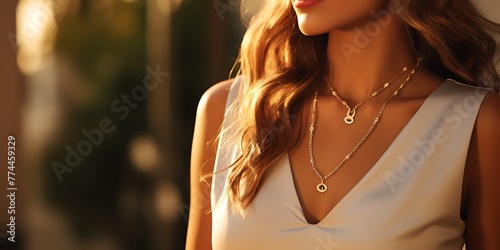 Beautiful young woman with necklace on light background, closeup view
