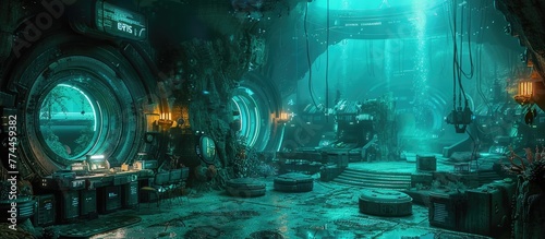 Futuristic Underwater City Bioluminescent Dressing Room Adorned with Marine Life