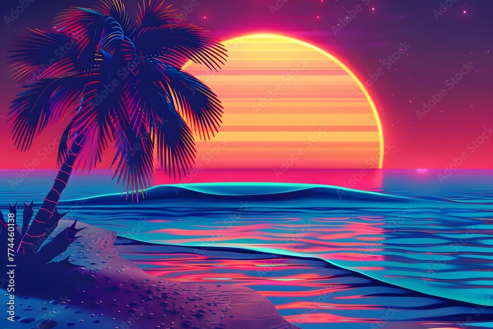 summer beach poster retrowave or synthwave neon colors, retro style