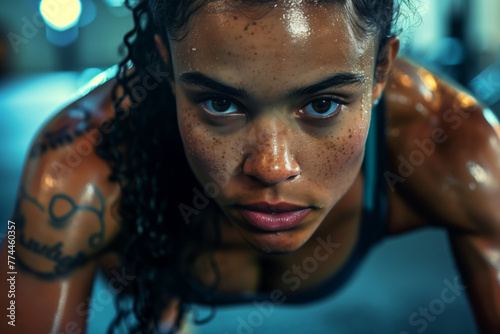 Face of Latina sports woman, athletic strong sweating while doing push up, training, workout in gym. Concept of determination and hard work photo