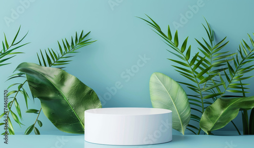 Minimalist display stand with foliage  cosmetic product mockup
