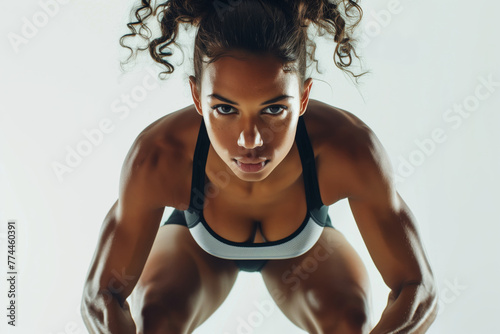 Sportswoman, black, muscular body, athletic posing wearing sportswear. Concept of strength and confidence