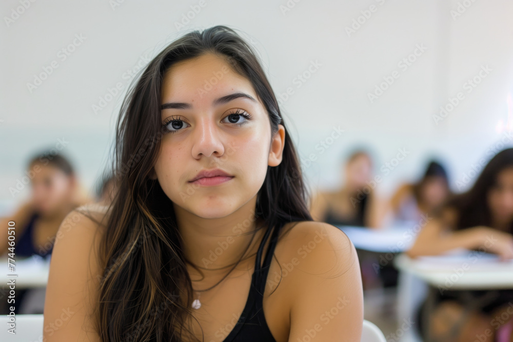 A Latina girl with long brown hair is sitting in a classroom with other teenager students