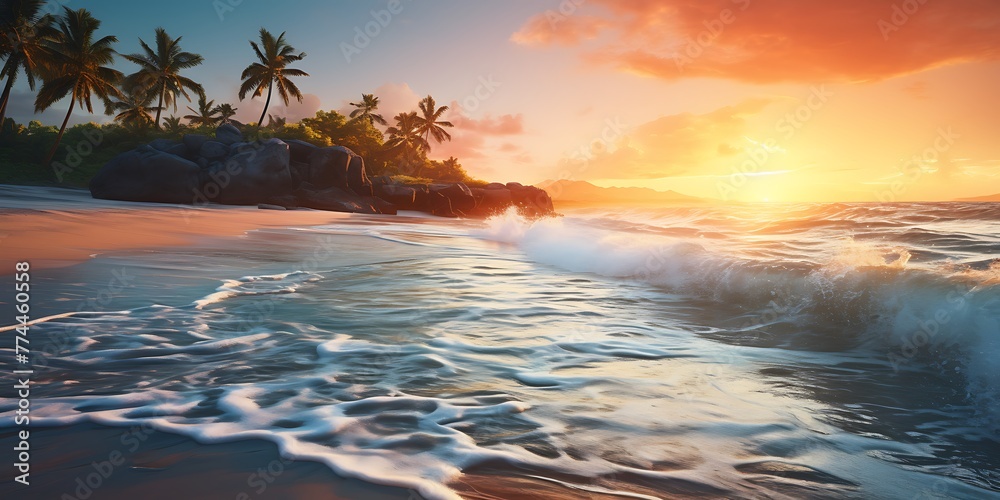 Beautiful sunset on the beach. Panoramic view of the ocean.