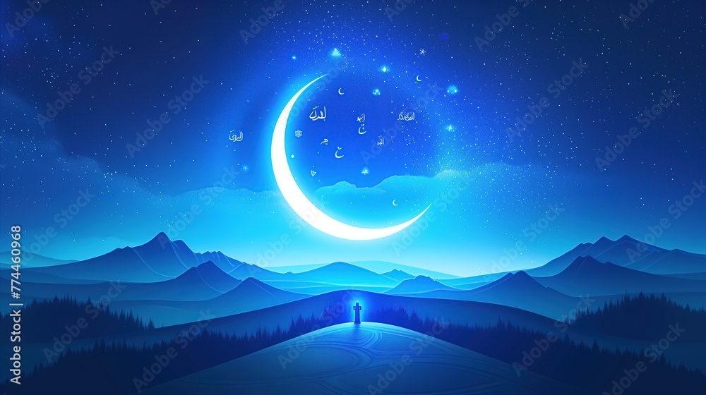 Mountain Landscape with Crescent Moon Graphic Art Mountain Landscape with Crescent Moon Graphic Art