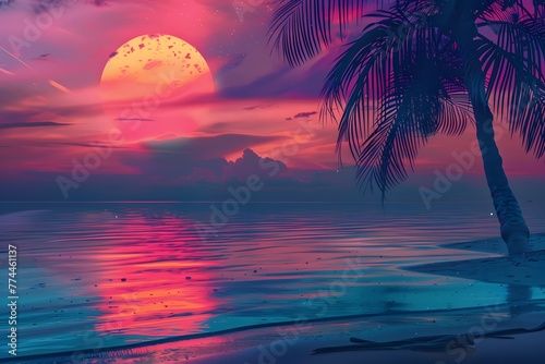 summer beach poster retrowave or synthwave neon colors  retro style