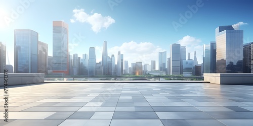 Empty balcony with glass wall and cityscape background. 3d rendering