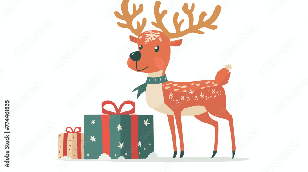 Obraz premium Illustration of reindeer and gift box on a white ba