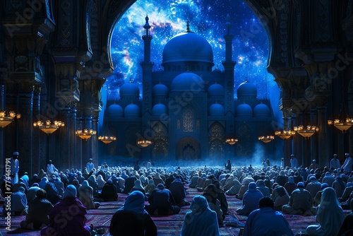 Worshippers gather at a mosque, illuminated by blue light, observing Laylat al-Qadr, the holy night in Ramadan. Generative AI