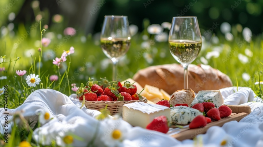 Picnic, Glasses of wine, aromatic strawberries, cheese, fresh bread, vino, flowers on white blanket. Delicious food for lunch outdoors on chamomile law. Delicates, drinks, fruits. Summer sunny day