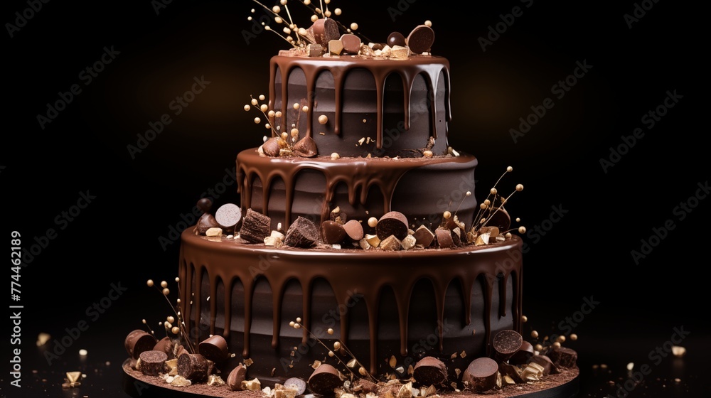 Tiered cake with alternating layers of smooth dark chocolate and white chocolate, dusted with edible glitter.